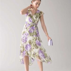 White House Black Market Flutter Sleeves Hydrangea Dress Hi Low Size 4